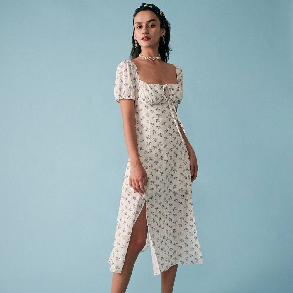 RIHOAS Floral Ruched Midi Dress Cottagecore Sexy Lightweight NWOT Size Large